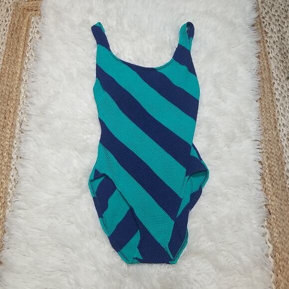 Vintage 60s/70s Robby Len Union Made Navy and Teal Striped One-Piece Swimsuit - Picture 1 of 9